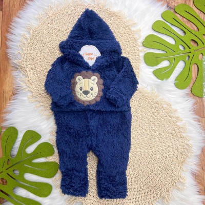 Macacão de Pelinho Sherpa Leão com Capuz - Marinho